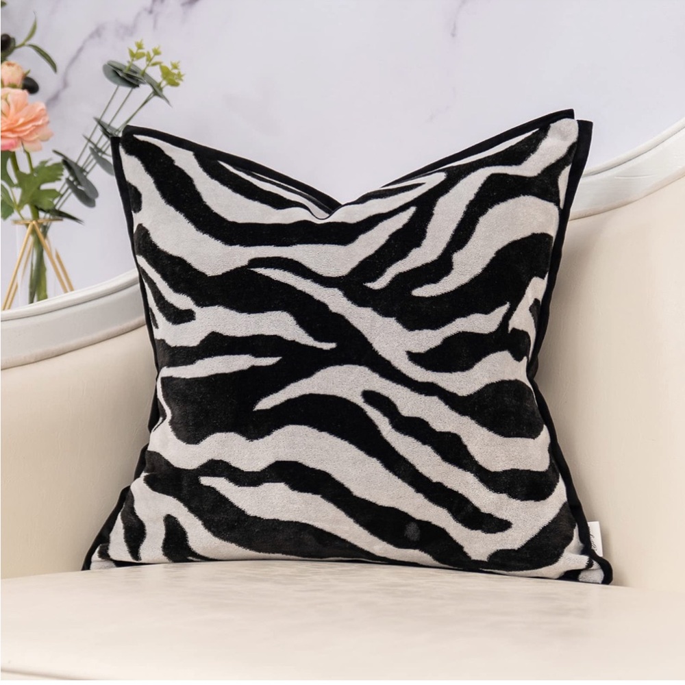 Black White VELVET Zebra Print Square Pillow Cover 18x18” (1-count)